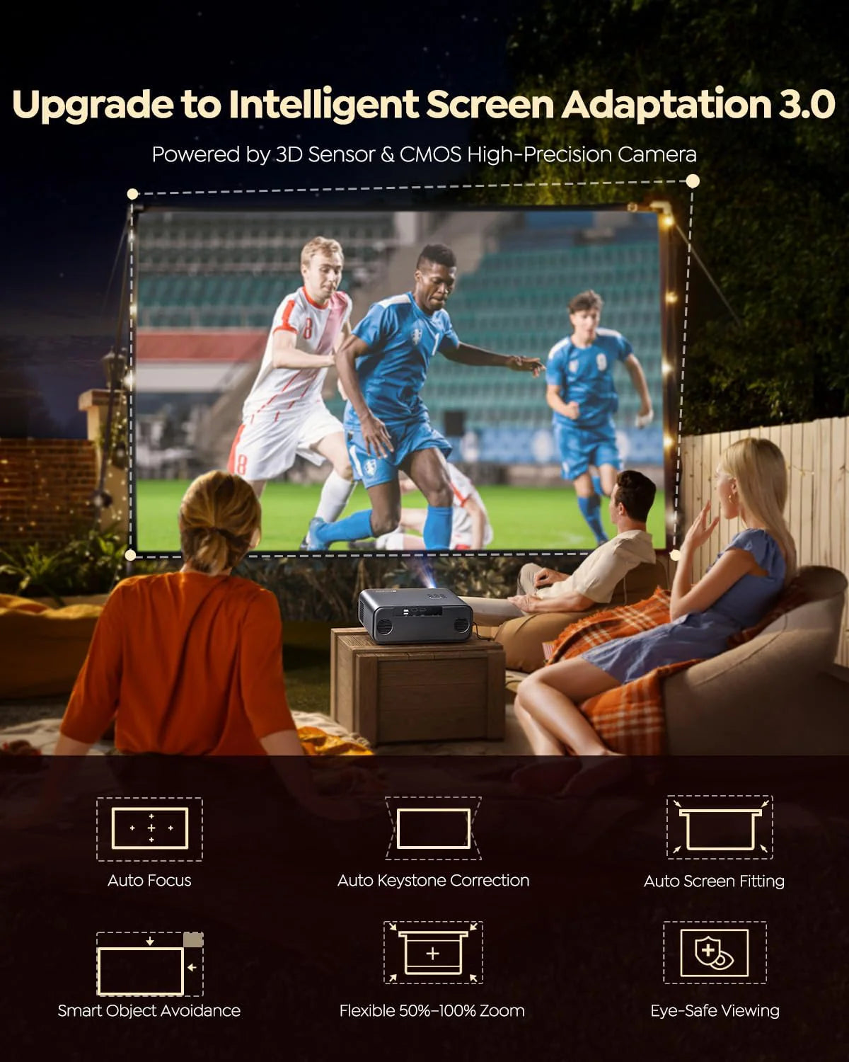 [Built-in Official Apps/4K Support] Smart Outdoor Projector with WiFi and Bluetooth