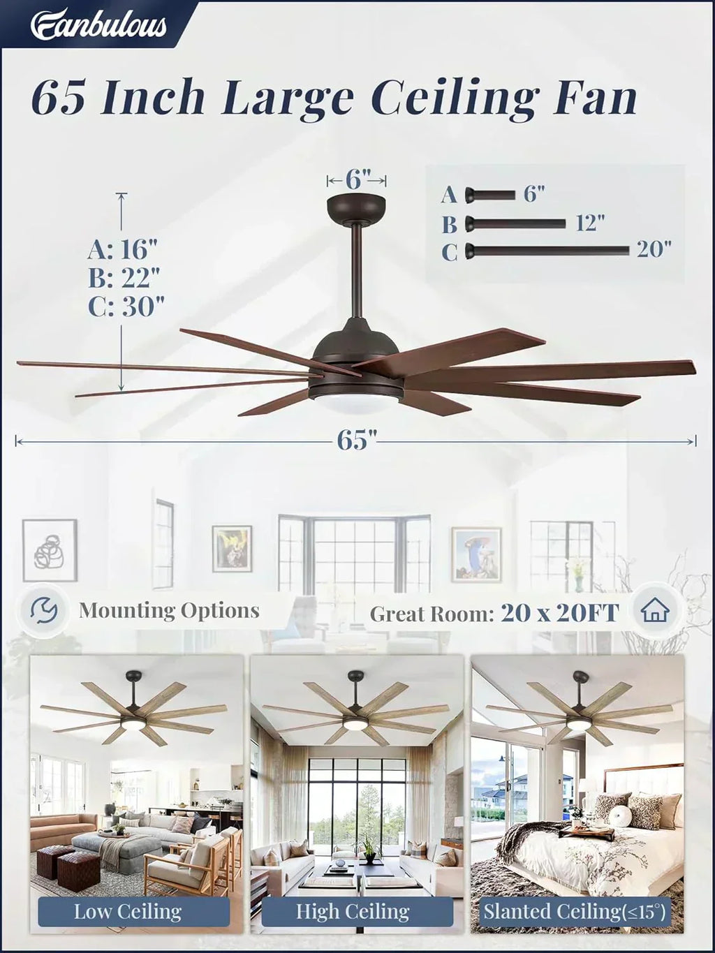 Ceiling Fan Indoor/Outdoor 8 Blades 65 inches