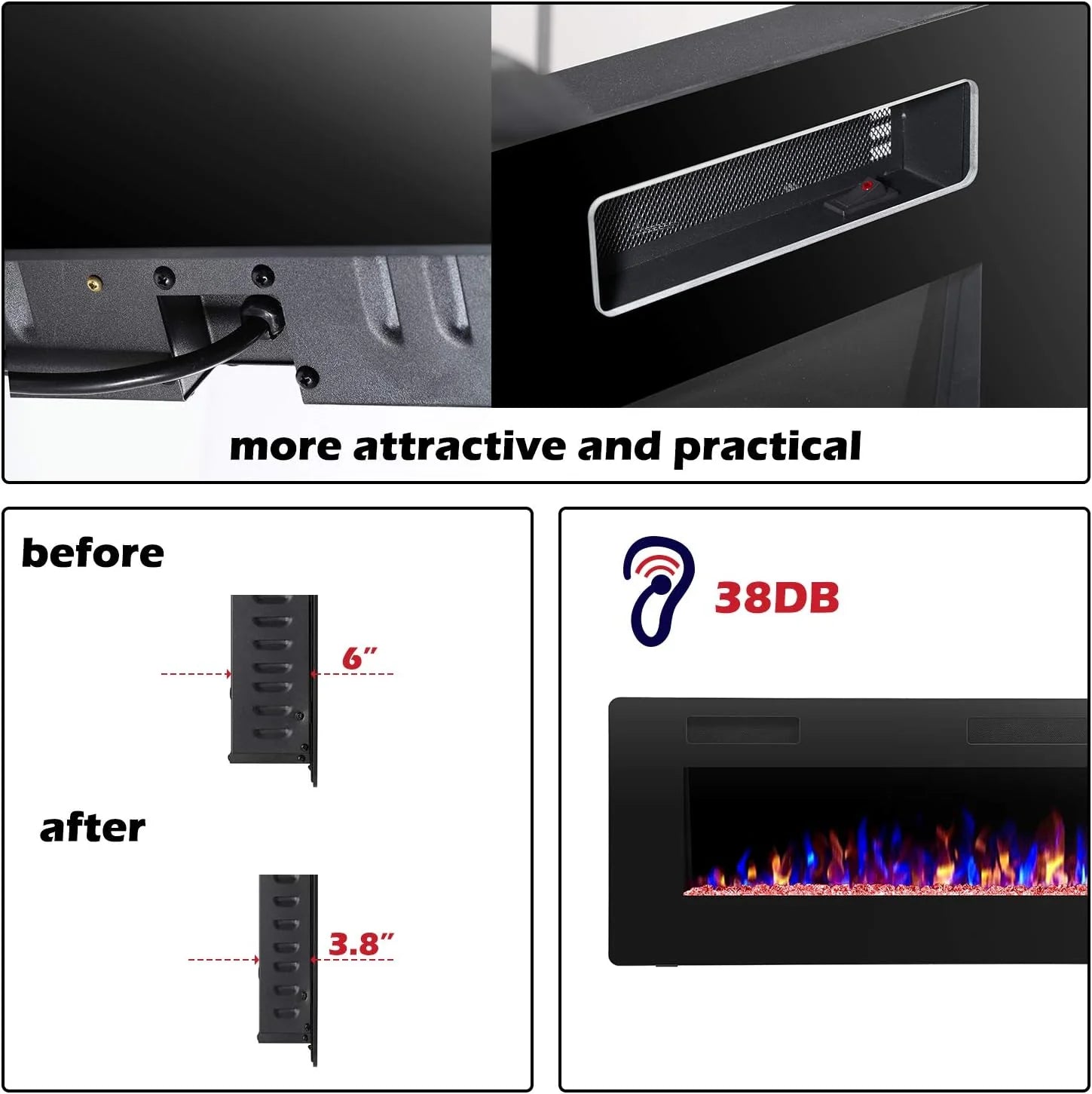 R.W.FLAME 60 Recessed and Wall Mounted Electric Fireplace, Low Noise, Fit for 2 x 6 Stud, Remote Control with Timer, Touch Screen, Adjustable Flame Color and Speed, 750-1500W