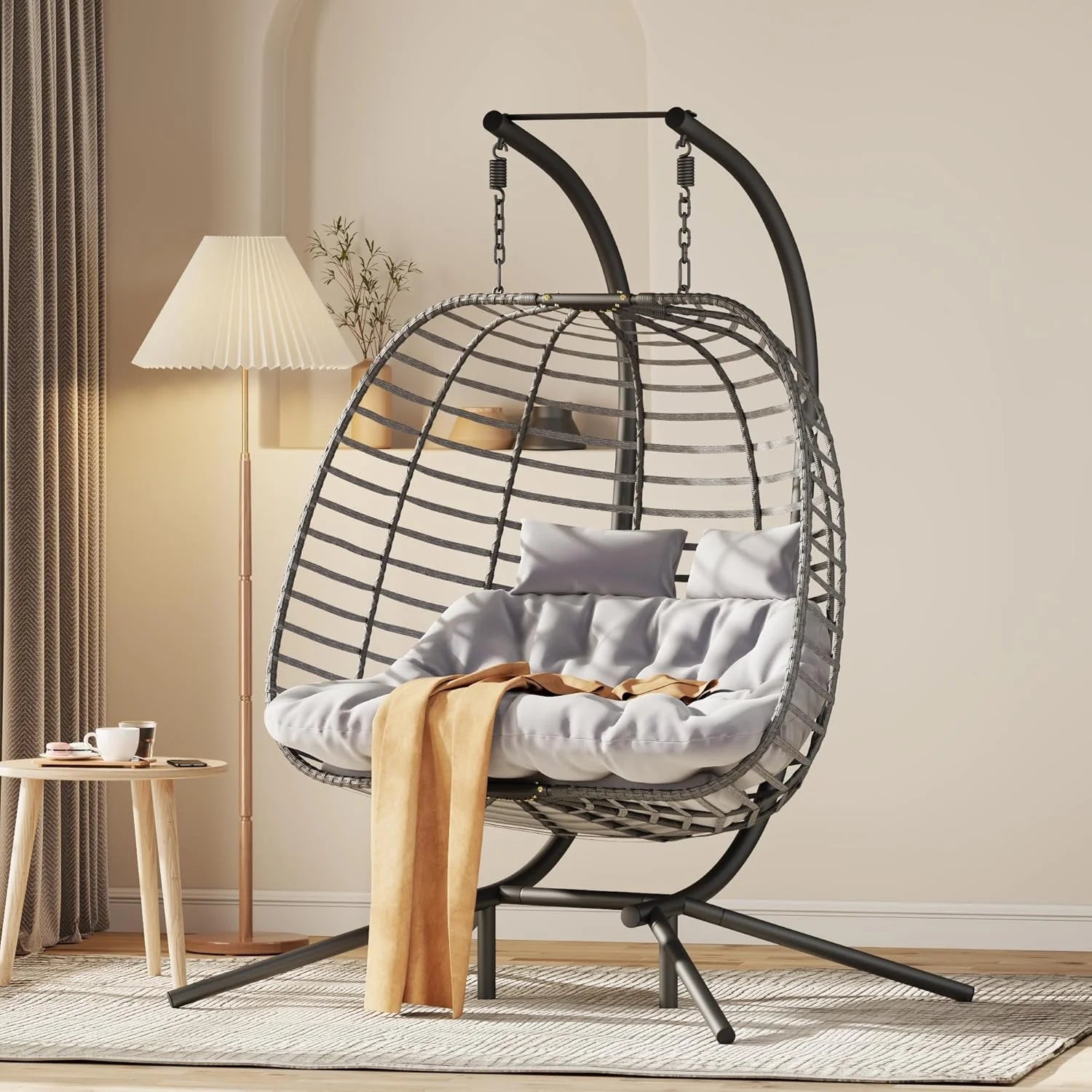 HWB Hanging Egg Chair Patio Wicker Hammock Egg Swing Chair with Cushion for Bedroom