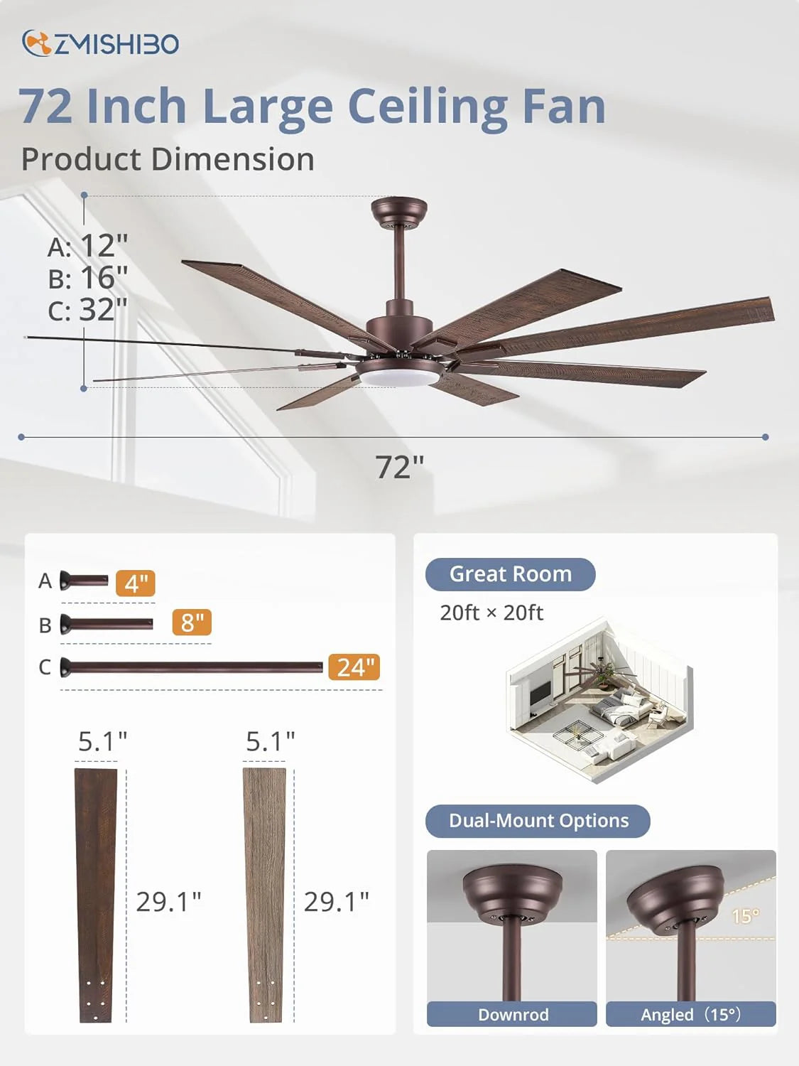 ZMISHIBO 72 inch Large Ceiling Fans with Lights and Remote, Indoor/Outdoor Black Modern Ceiling Fan for Kitchen Living Room Patio, 6 Speed Reversible Quiet DC Motor, 3 CCT, Dual Finish 8 Blades