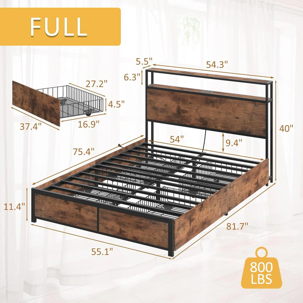 Lifezone Queen Bed Frame with 2-Tier Storage Headboard, Metal Platform Bed Frame with 4 Storage Drawers, Built in Charging Station & LED, Noise-Free/Metal Support/No Box Spring Needed