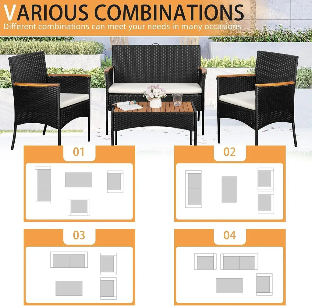Shintenchi 4-Piece Patio Furniture Set Outdoor Wicker Patio Conversation Furniture Set with Cushions