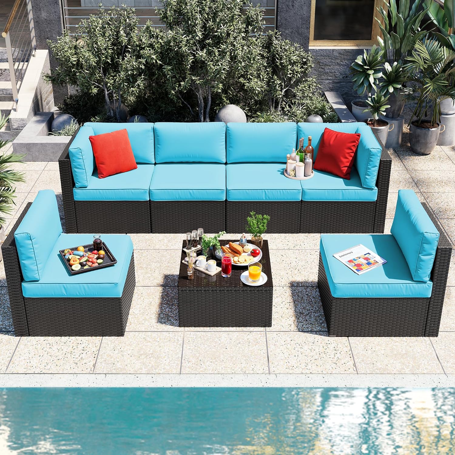 Vongrasig 5 Piece Patio Furniture Sets, Outdoor Patio Set Sectional Sofa, All-Weather PE Rattan Outdoor Couch with Ottoman, Glass Table for Garden, Backyard, Porch, Beige