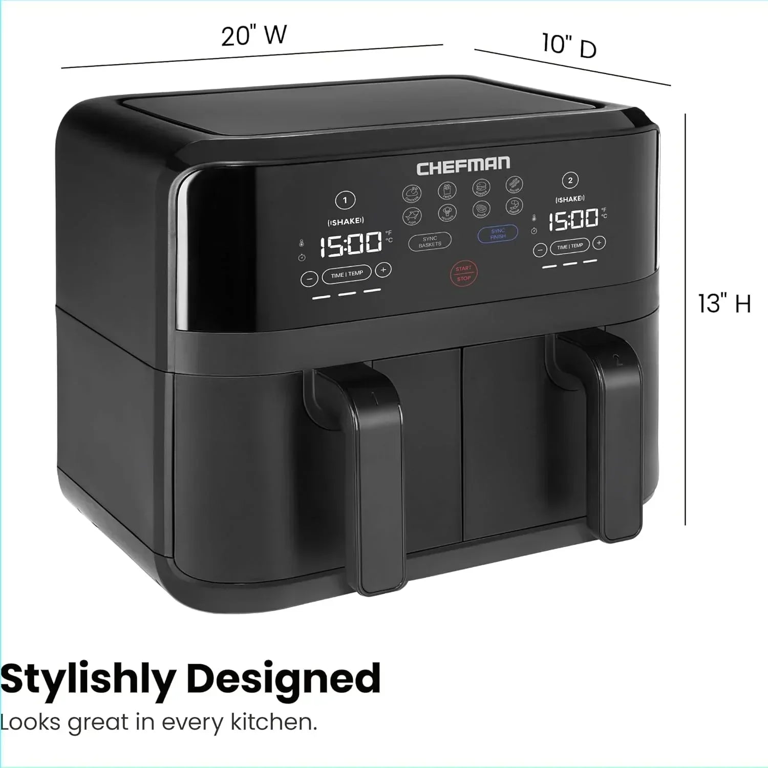 Chefman 6-Quart Dual Basket Air Fryer Digital Touchscreen Smart Sync Finish High-Frying
