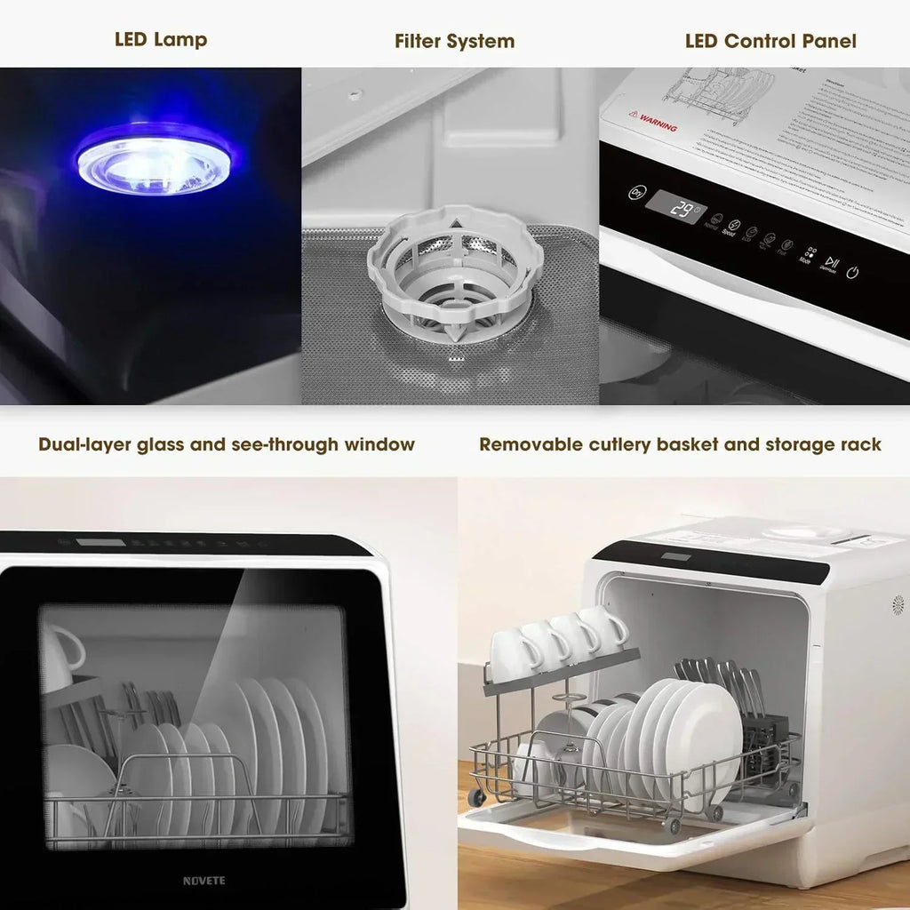 NOVETE portable tabletop dishwasher compact dishwasher with 5-liter built-in water tank