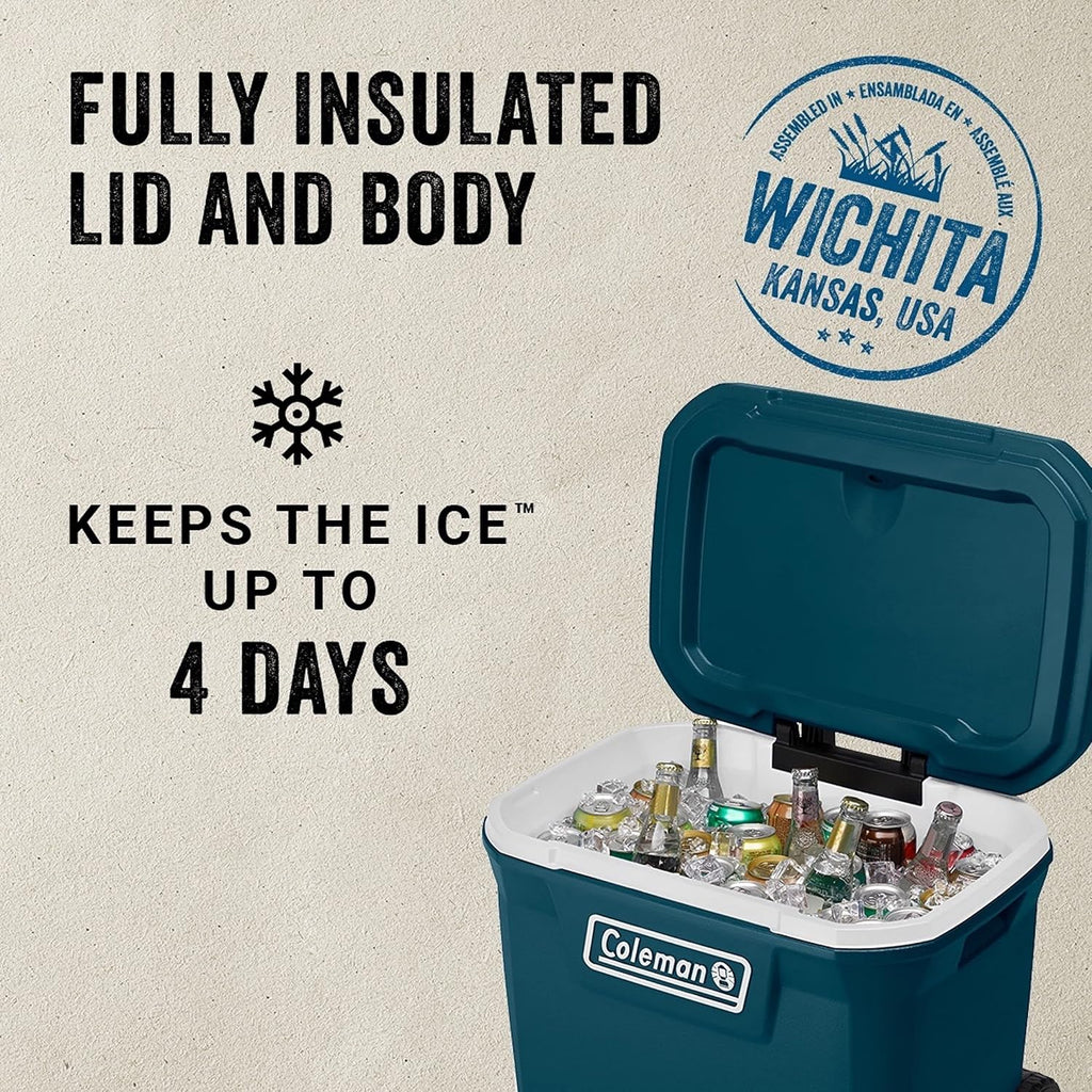 Coleman Insulated Portable Rolling Cooler with Wheels, Leak-Proof Outdoor Hard Cooler, Keeps Ice for Up to 5 Days, 100 Quart