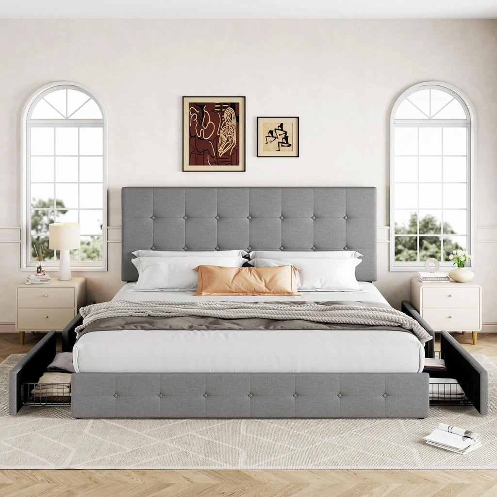 Allewie Upholstered Queen Size Platform Bed Frame with 4 Storage Drawers and Headboard