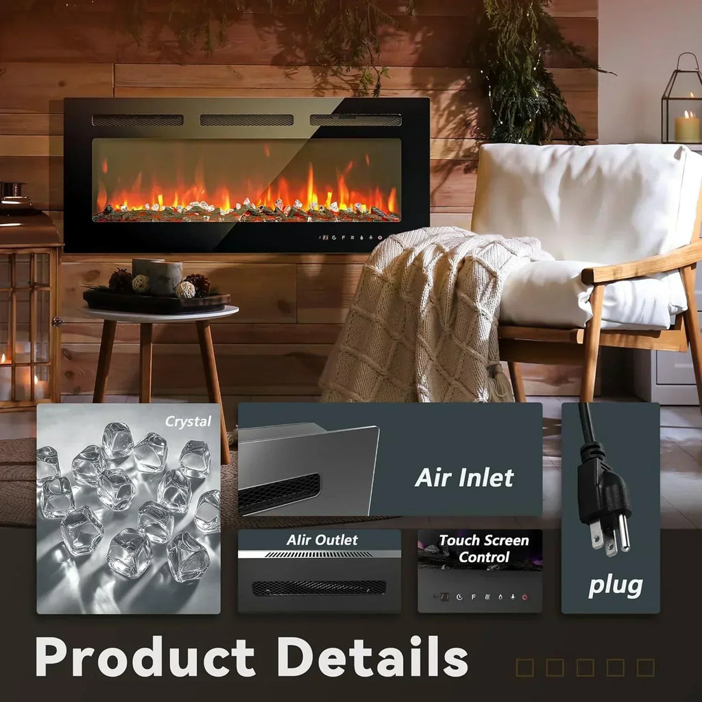 EUHOMY 50 Inch Electric Fireplace Wall Recessed Adjustable Flame Color Fireplace Heater