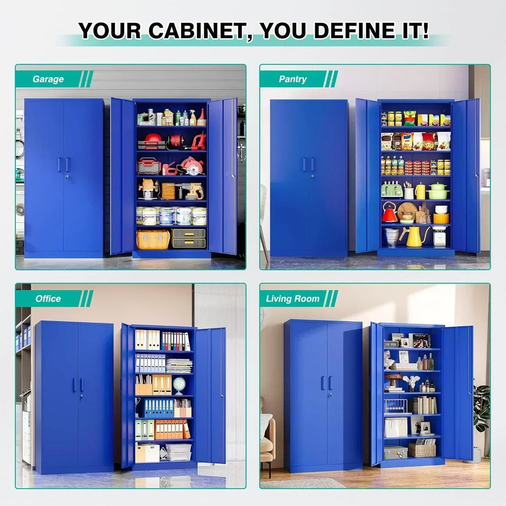 Metal Storage Cabinet with 2 Doors and 6 Shelves Black Metal Cabinet Garage Storage Cabinet