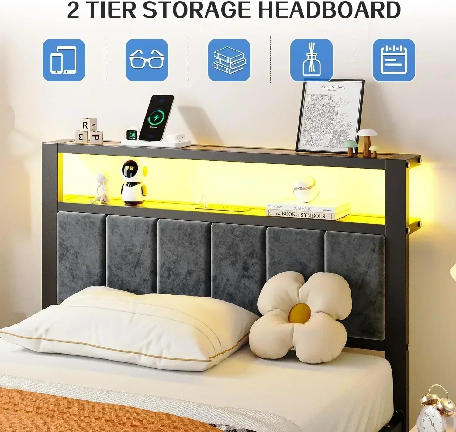 Queen Size Bed Frame with 2-Tier Storage Shelves Headboard Platform Bed with Charging Station