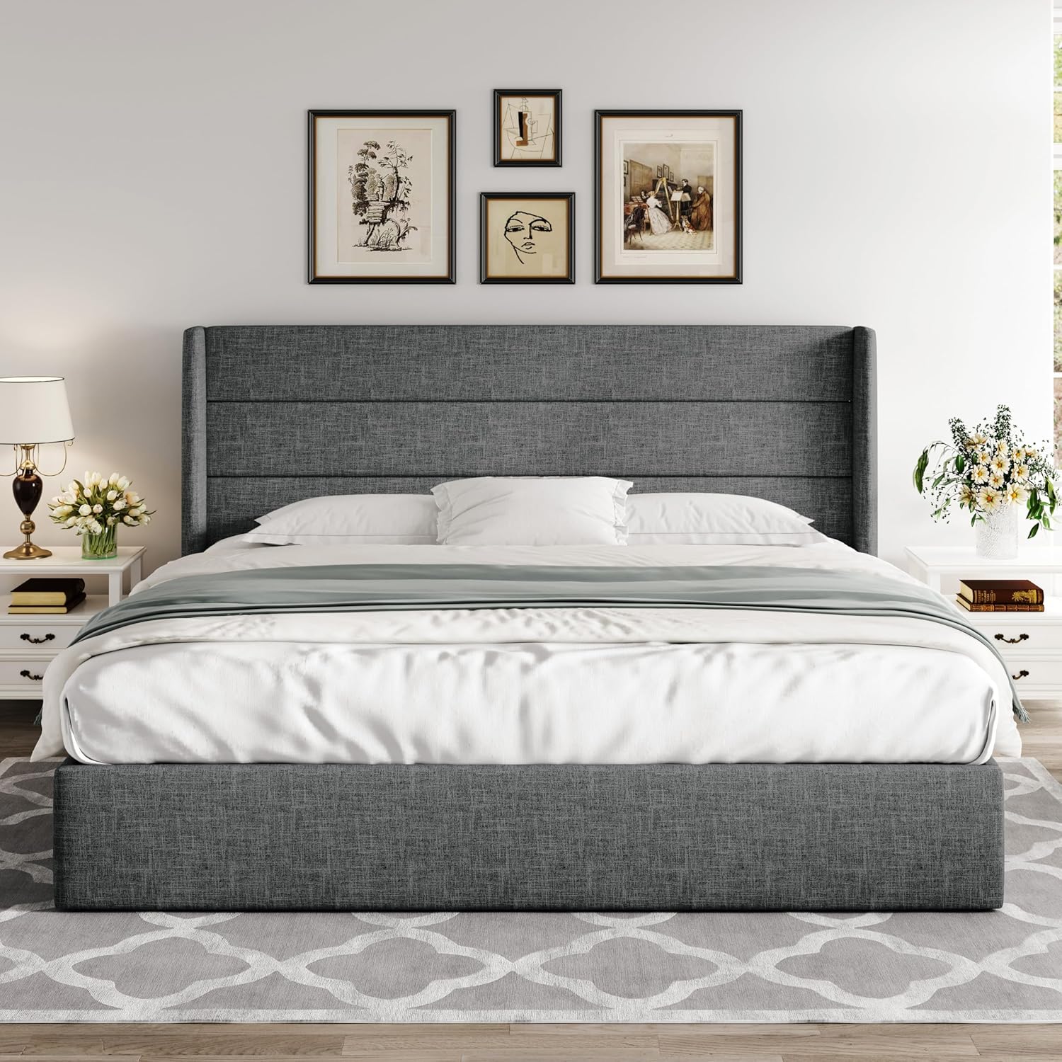 Allewie Queen Size Lift Up Storage Bed Modern Wingback Headboard Hydraulic Support