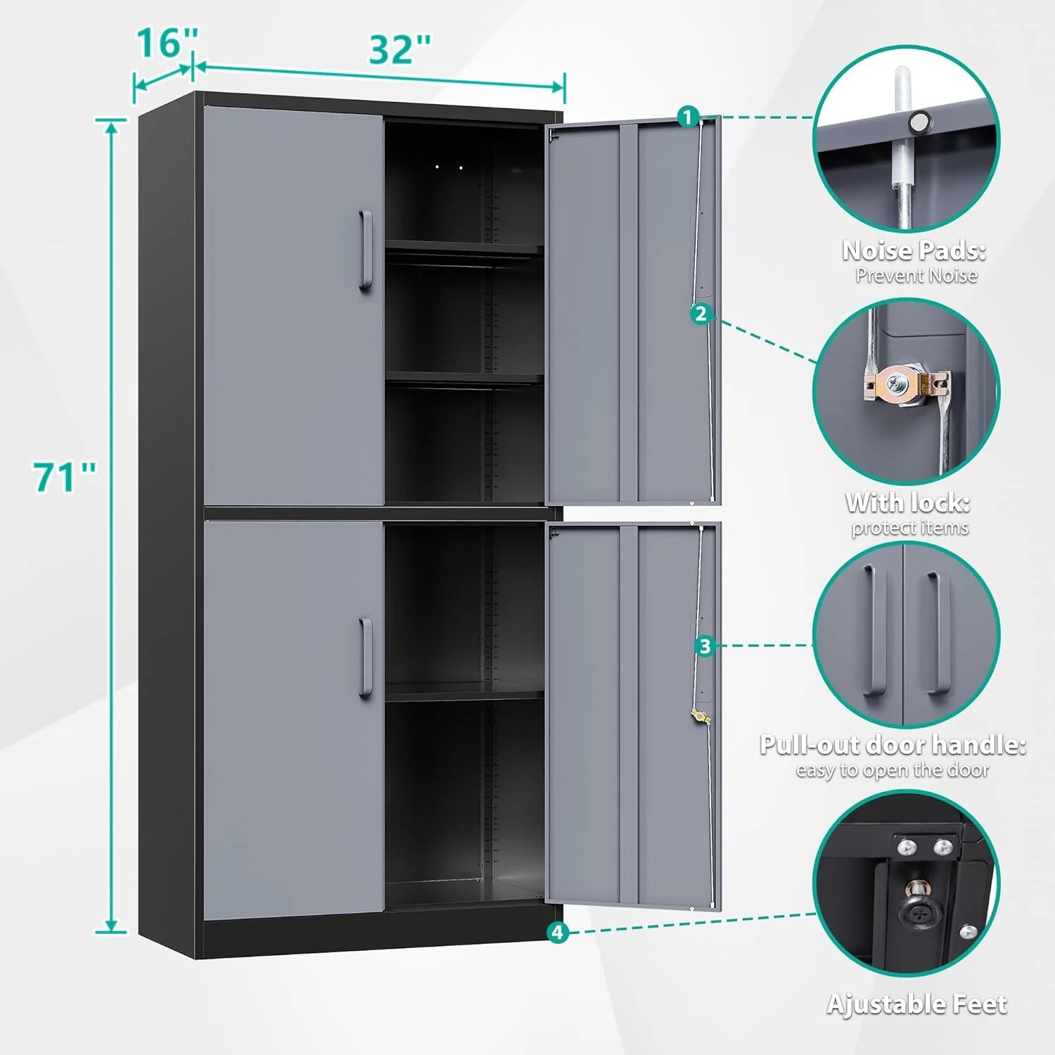 Metal Storage Cabinet with 2 Doors and 6 Shelves, Black Metal Cabinet with Lock, 71 Inch Lockable Garage Storage Cabinet