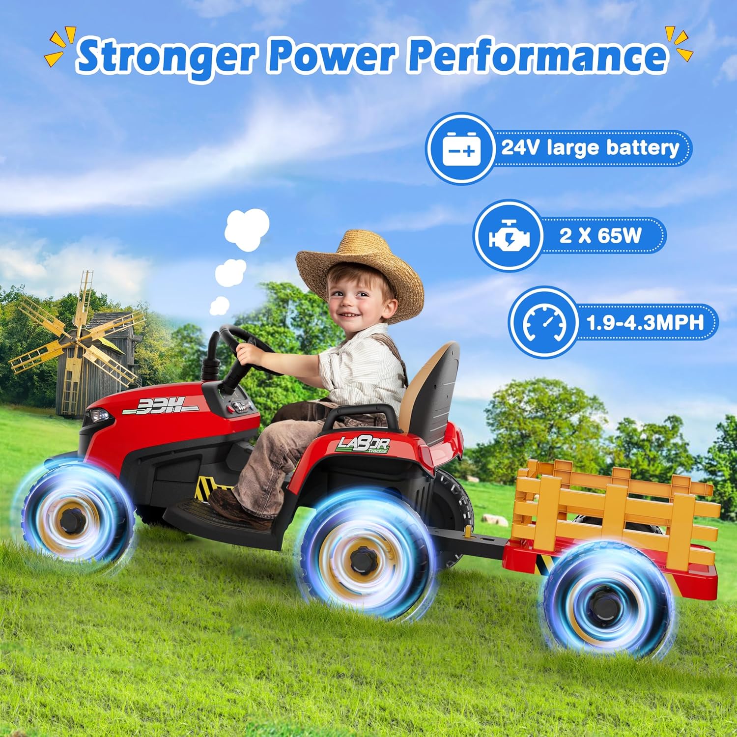 24V Ride On Tractor Tiltable Detachable Trailer 2x65W Motors EVA Tires Remote Control
