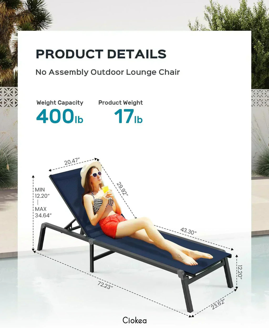Aluminum Chaise Lounge Outdoor Foldable Assemble Free Outdoor Lounge Chair 5 Adjustable Backrest