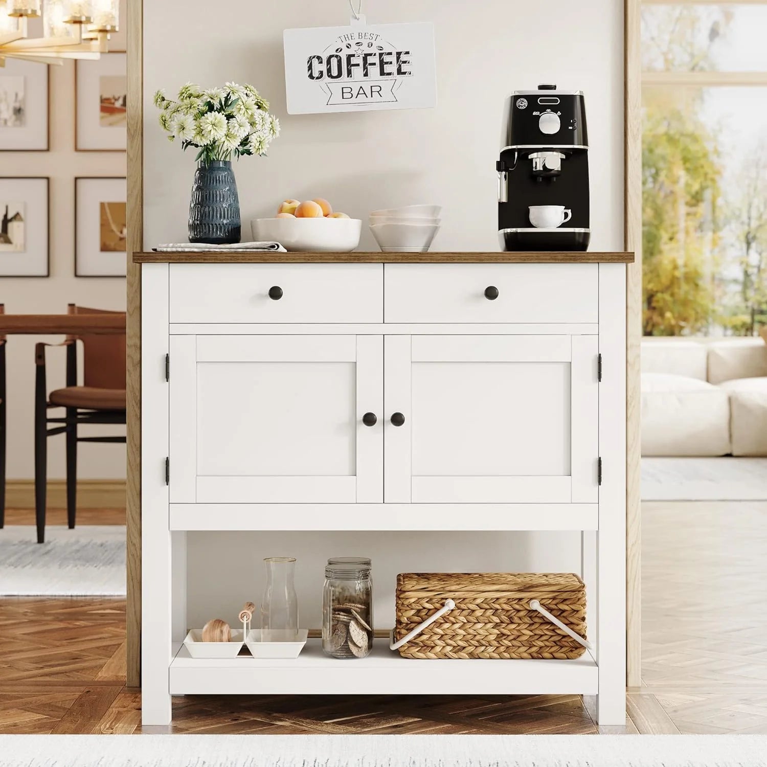 HOSTACK Farmhouse Console Table with 2-Door Cabinet & 2 Drawers, Coffee Bar, Entryway Table with Storage Shelf, Sofa Tables Buffet Sideboard for Kitchen, Hallway, Dining, Living Room, Rustic Brown