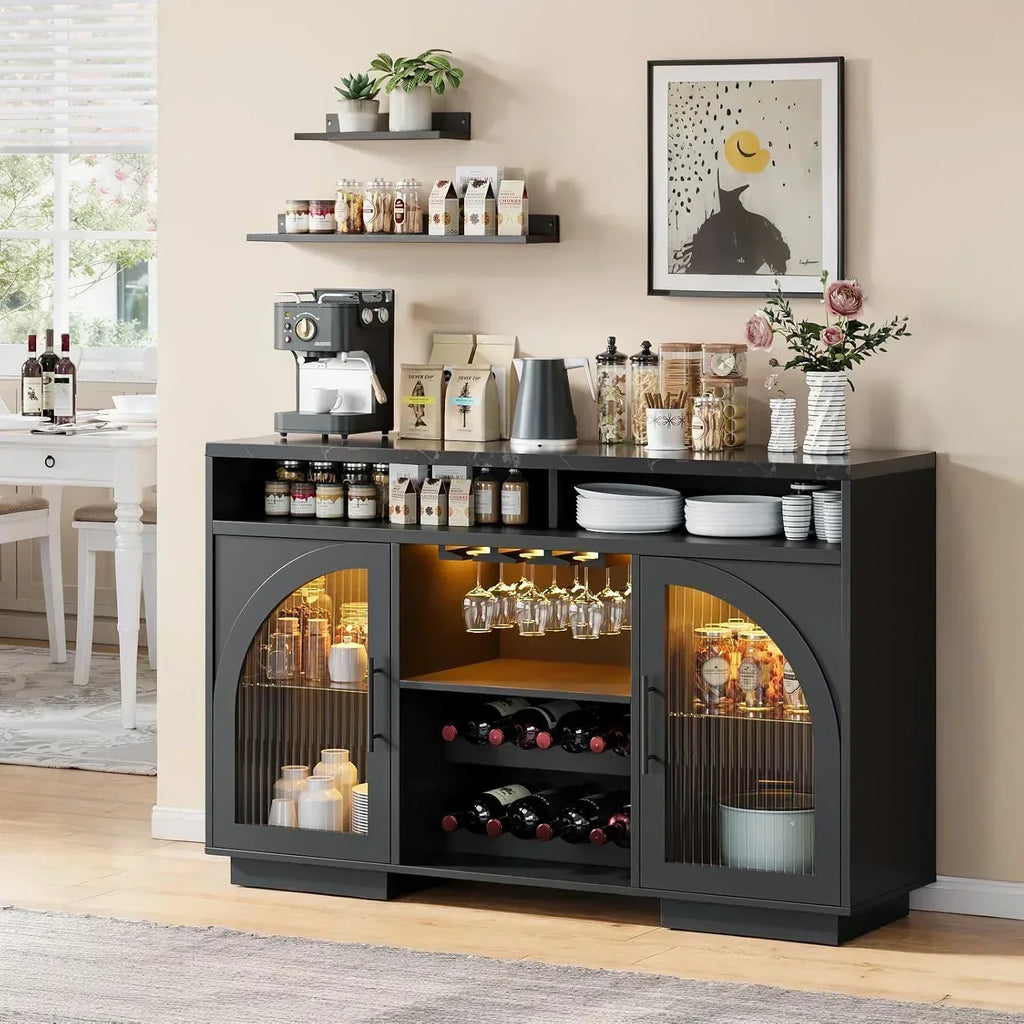 Sideboard 54-inch kitchen cabinet with LED lights and arched glass doors tall bar cabinet