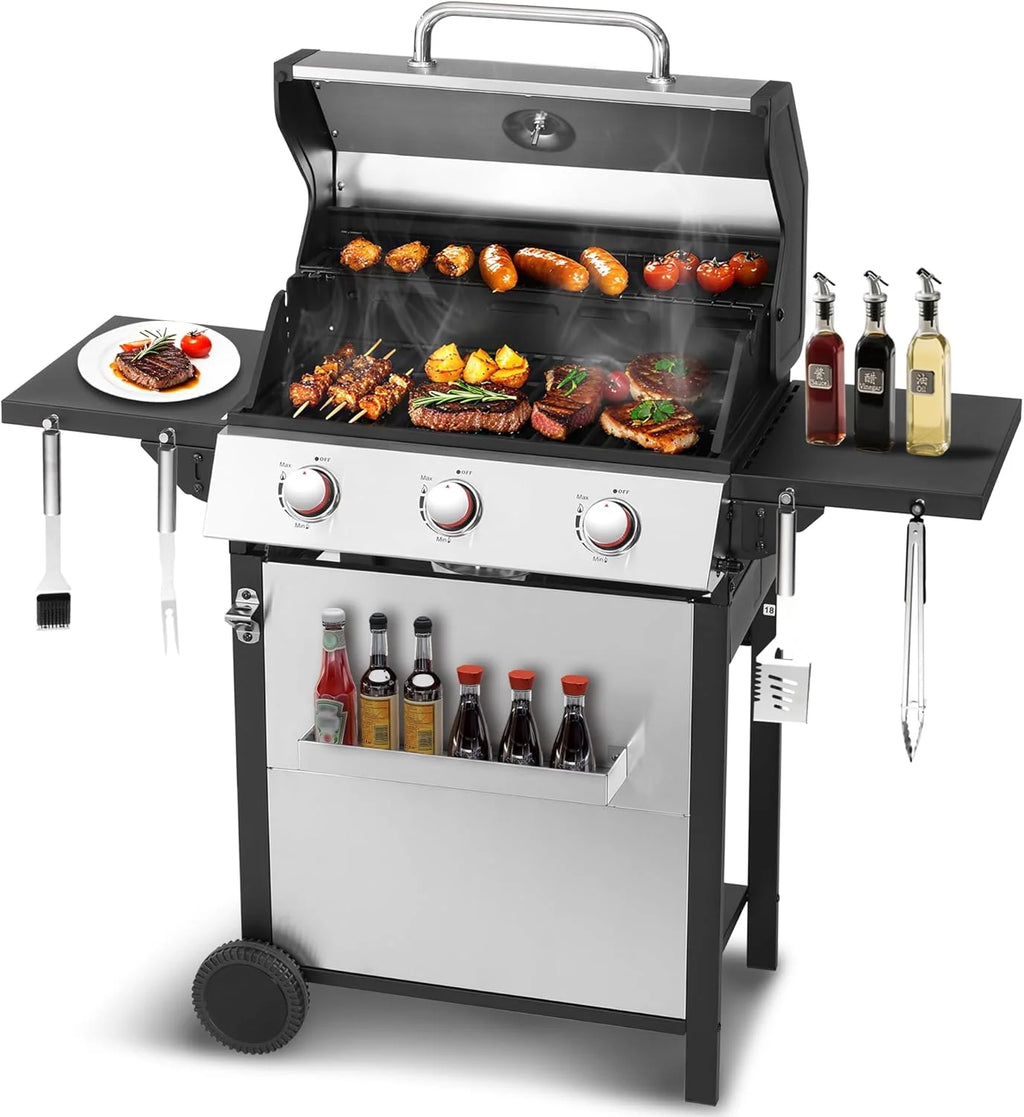 3-Burner Propane Gas Grill with 30,000 BTU Output - Double-layer Stainless Steel Grill Lid, Cast Iron Cooking Grids, Easy-Clean Grease Management & Even Heat Distribution for Perfect BBQs