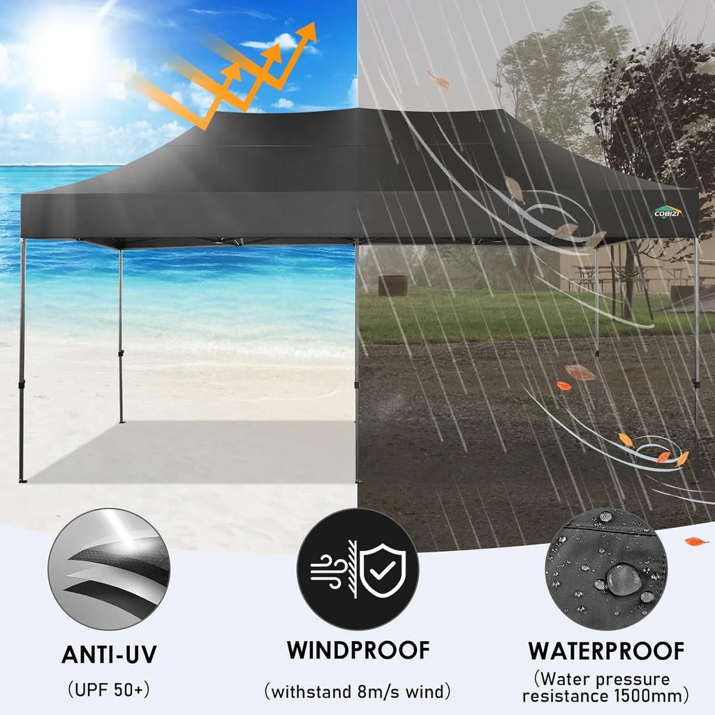 COBIZI 10x20 Heavy Duty Pop up Canopy Tent with 6 sidewalls Easy Up Commercial Outdoor Canopy Wedding Party Tents for Parties All Season Wind & Waterproof Gazebo with Roller Bag,Black(Frame Thickened)