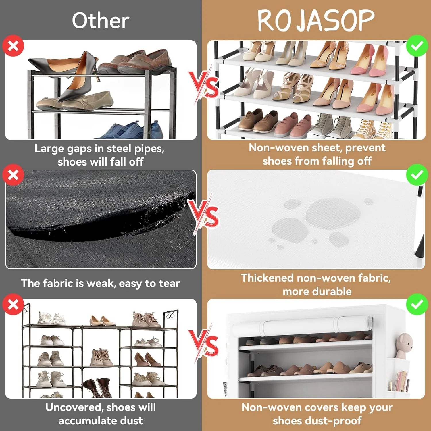 ROJASOP 10 Tier Shoe Rack with Covers Large Capacity Stackable Tall Shoe Shelf Storage