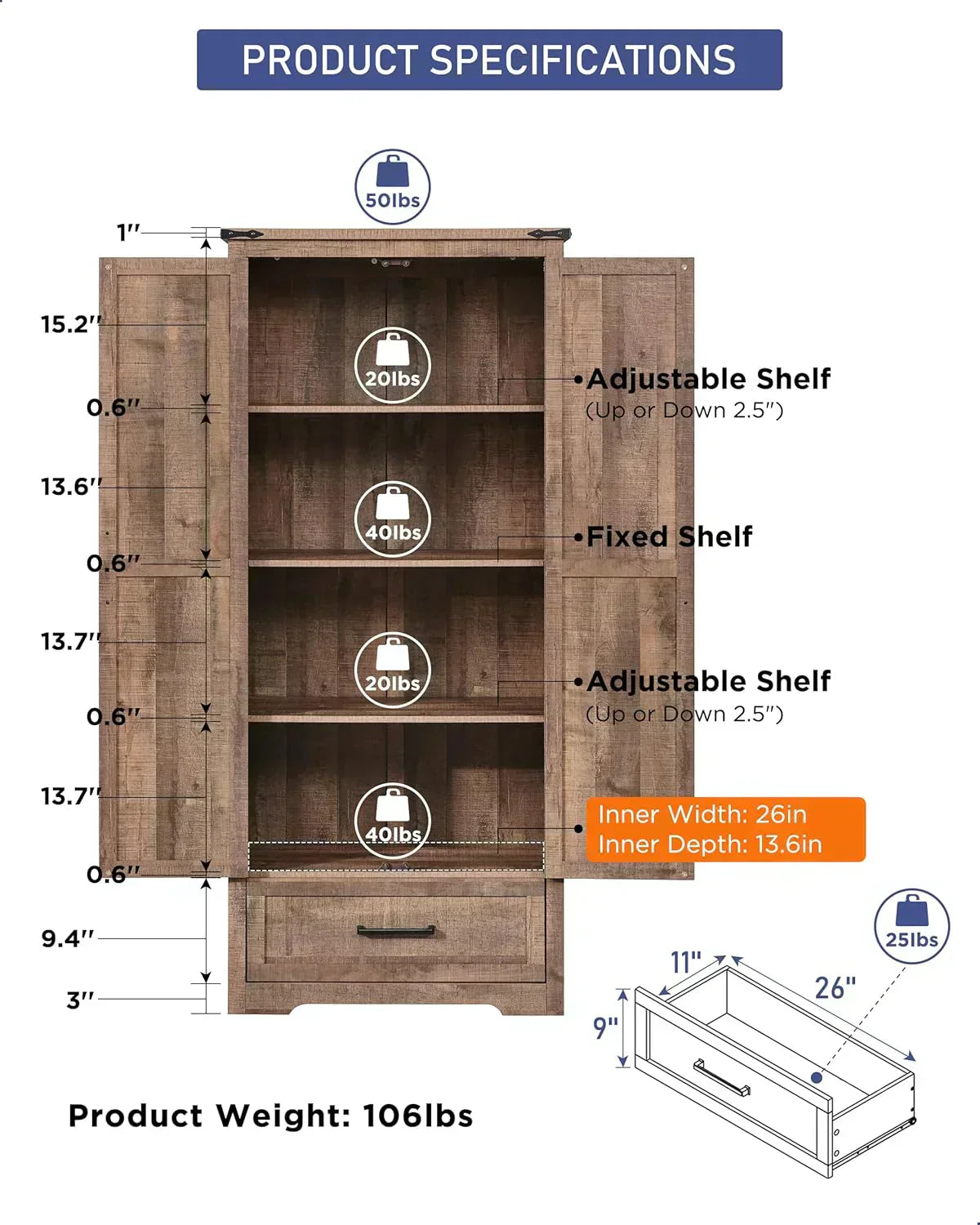 JXQTLINGMU Farmhouse Kitchen Pantry 72 Tall Wood Kitchen Storage Cabinet Adjustable Shelves