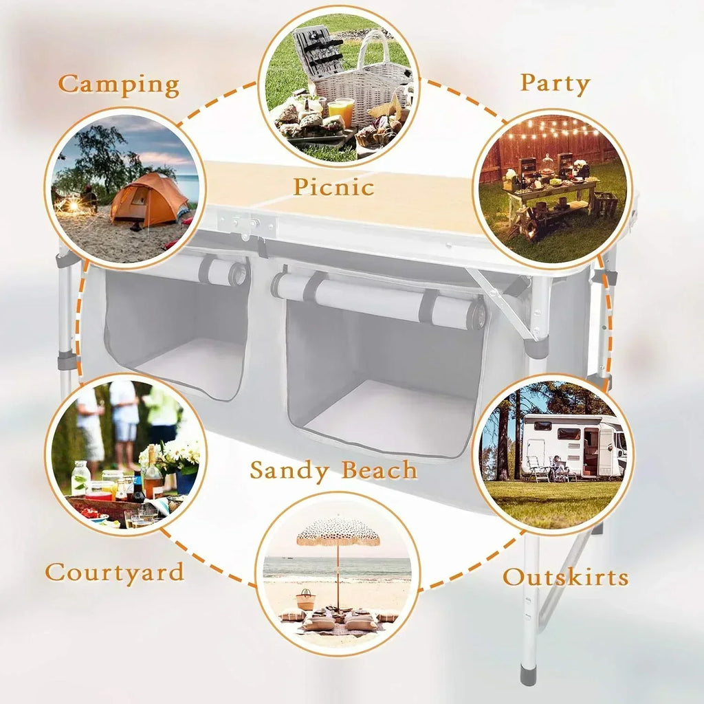 Outdoor Folding Table Aluminum Lightweight Height Adjustable with Storage Organizer