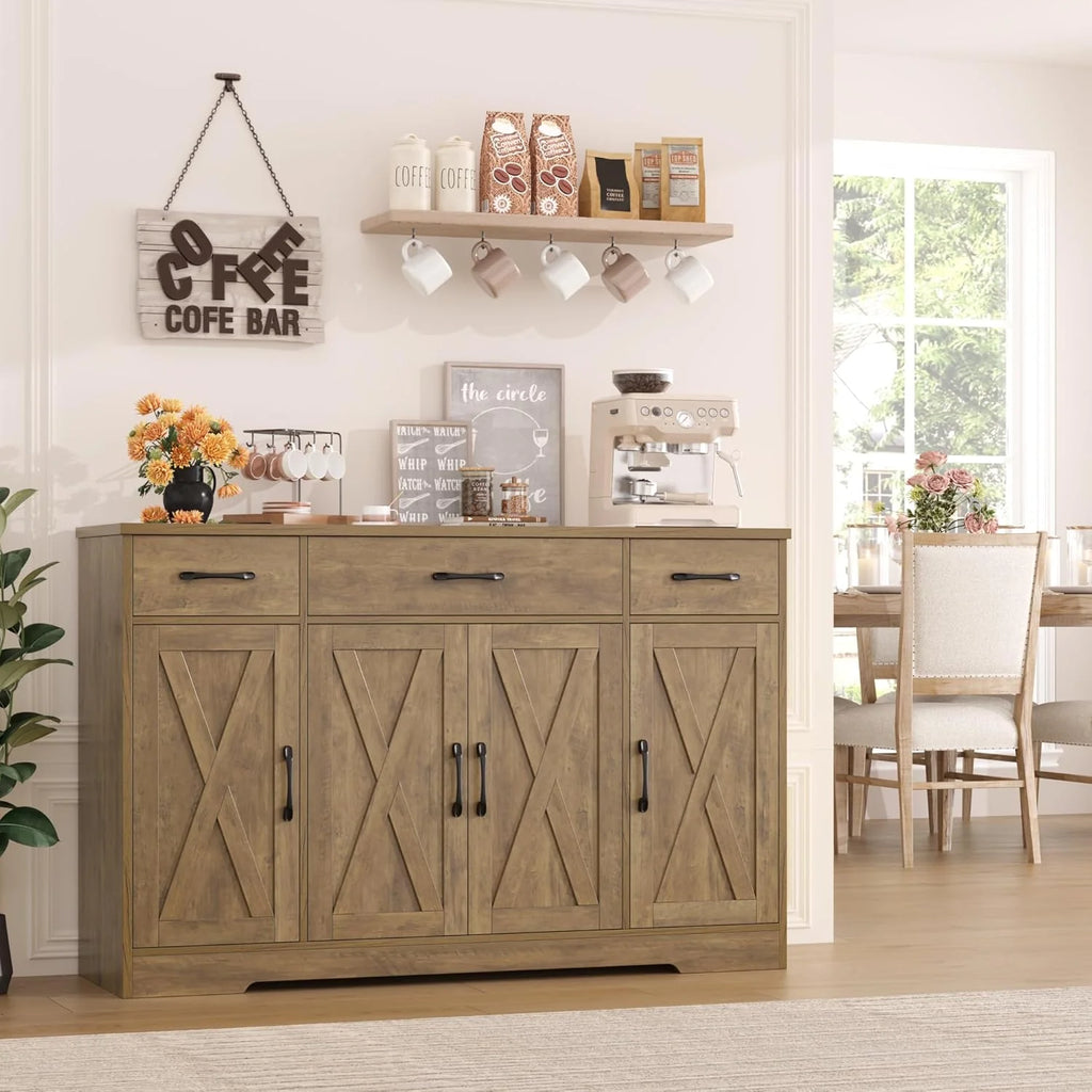 Sideboard with drawers, large 55-inch sideboard, sideboard storage with shelves and doors, modern farmhouse coffee bar wood kitchen dining table