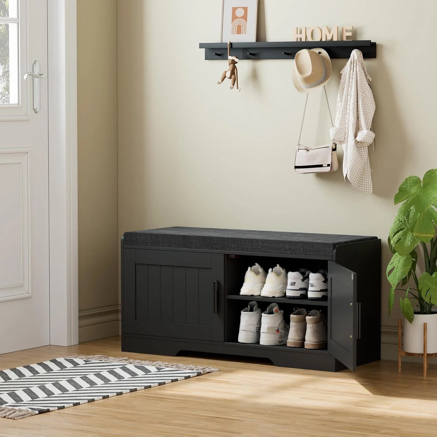 2-Tier Storage Bench, Shoe Bench with Thickened Padded Seat Cushion, Entryway Bench with 4 Doors, Adjustable Shelf, 13.8 D x 45.3 W x 18.5 H, for Entryway, Living Room, Bedroom, White