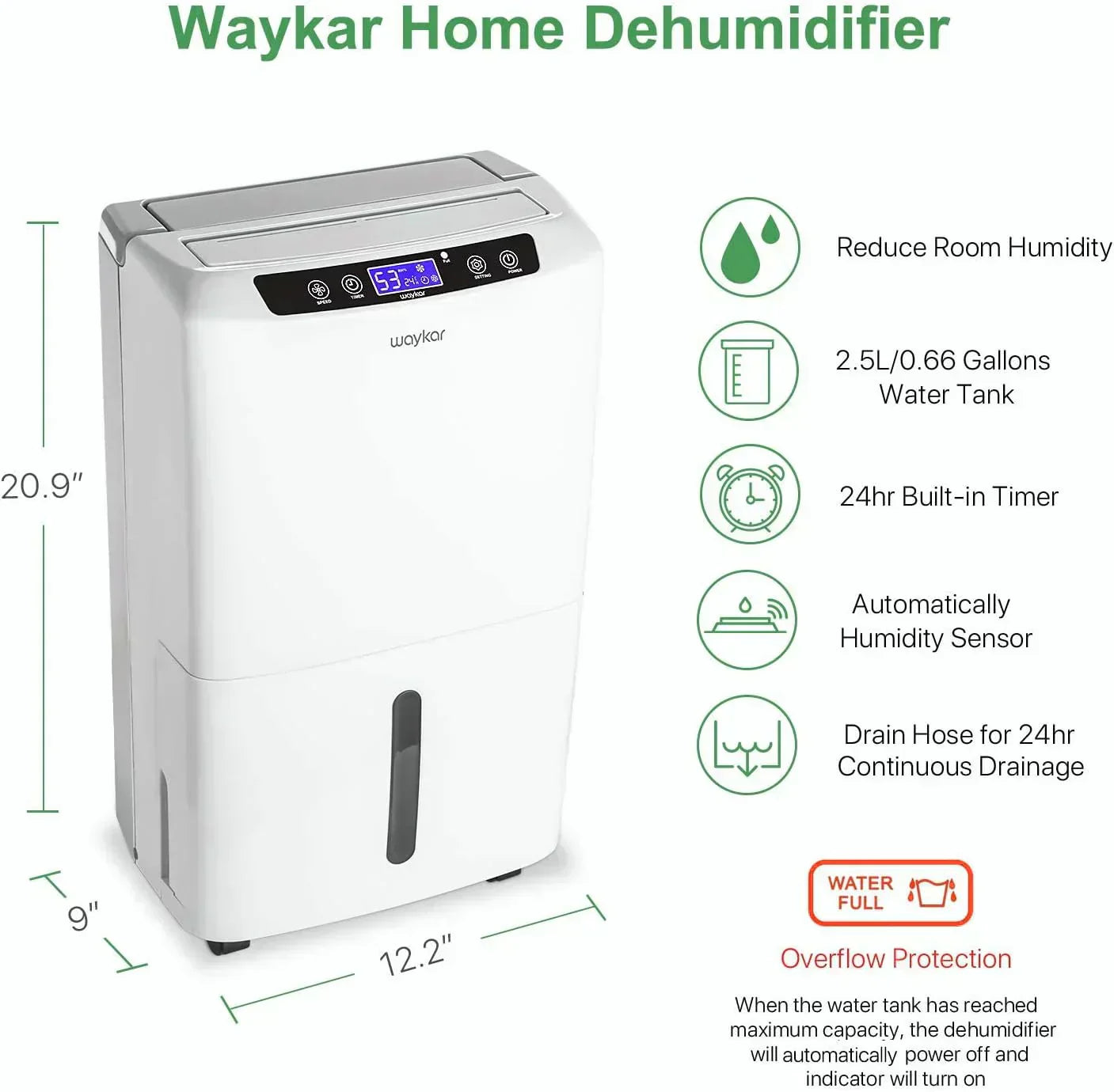 Waykar 2000 Sq Ft Dehumidifier for Home and Basements with Auto or Manual Drainage
