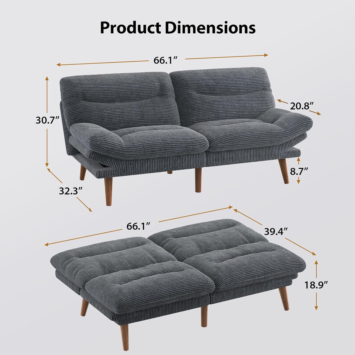 Pipishell Convertible Futon Sofa Bed,66 Corduroy Futon Couch with Adjustable Backrest and Armrests, Recliner Sleeper Sofa for Small Spaces, Play Room or Office, Grey