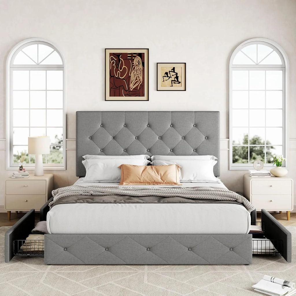 Allewie Upholstered Queen Size Platform Bed Frame with 4 Storage Drawers and Headboard