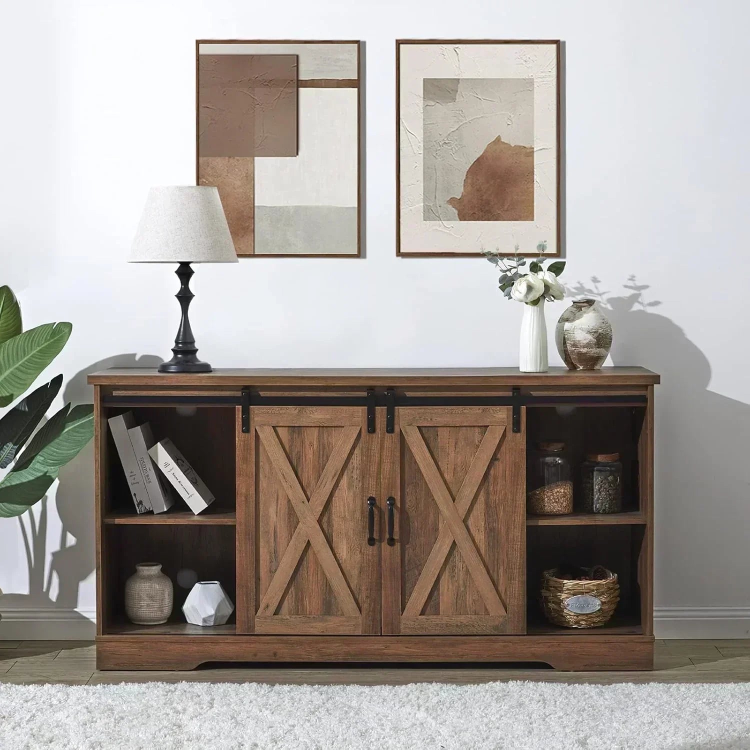AMERLIFE Fireplace TV Stand with Sliding Barn Door  Farmhouse 63 Fireplace Entertainment Center