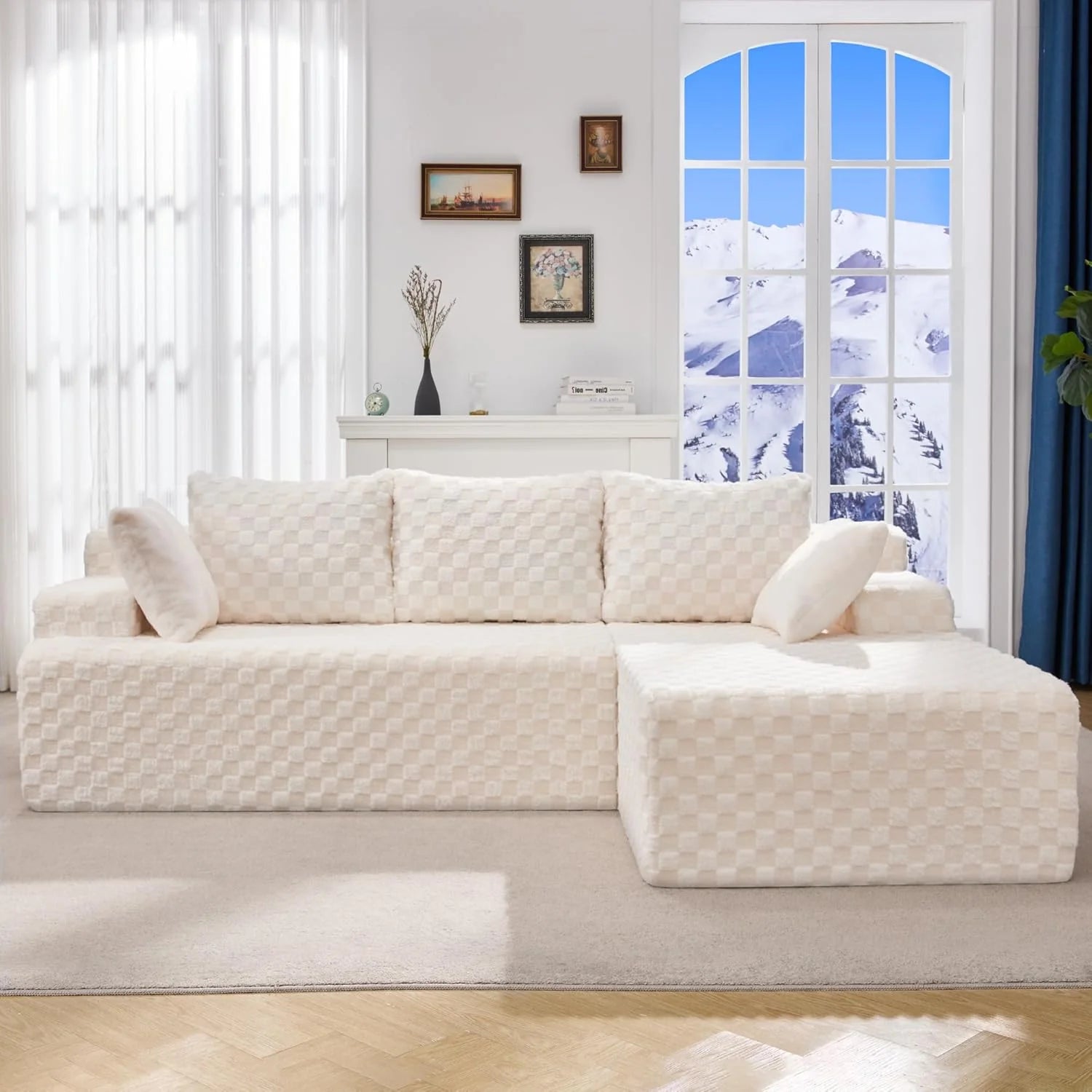 Modular Sectional Sofa Couches L-Shape Couch 3 Seat Modular Sofa Memory Foam Sectional Couches for Living Room, Cloud Couch with Oversized Chaise (Grey Stripe, 96 Left Facing Chaise)