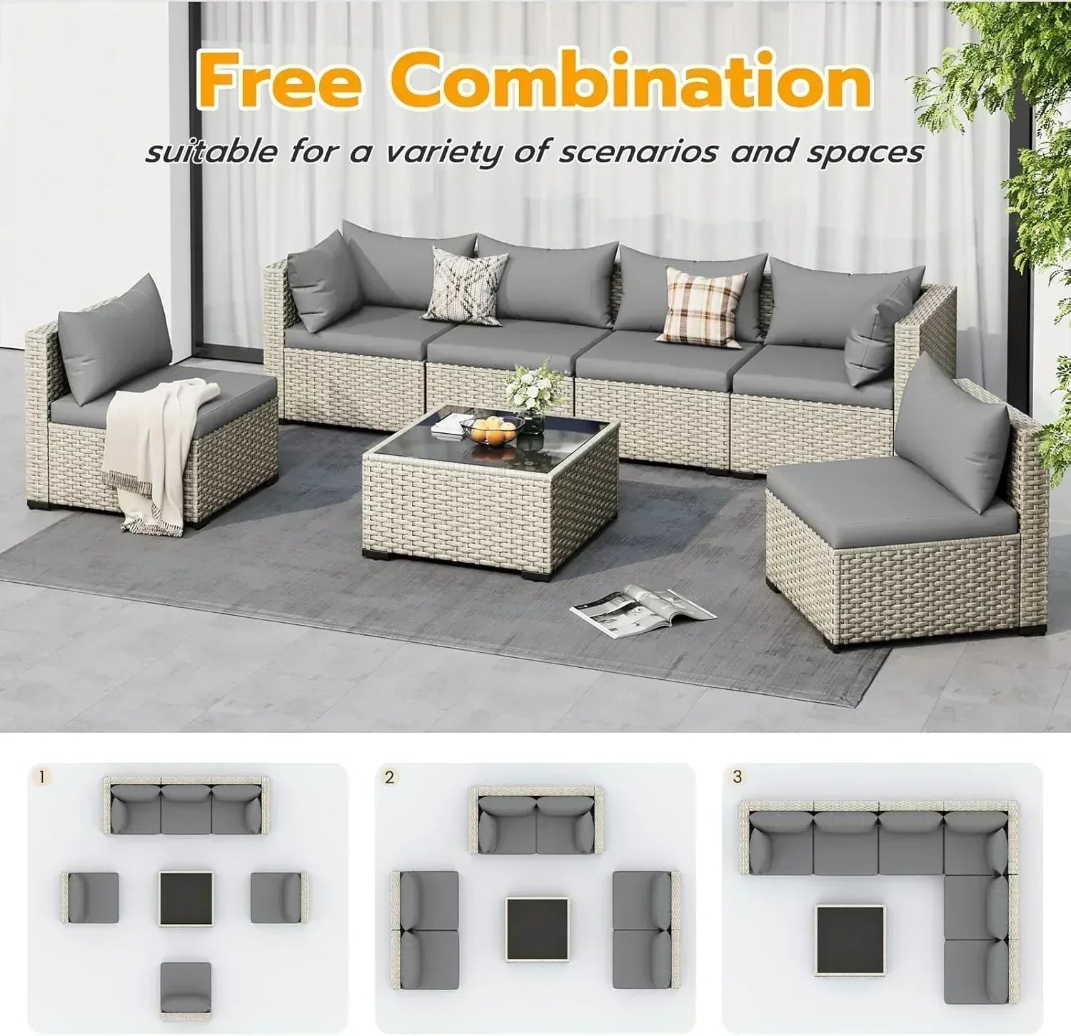 UDPATIO Outdoor Patio Furniture Set 7-Piece PE Wicker Sectional Sofa Outdoor Conversation Set