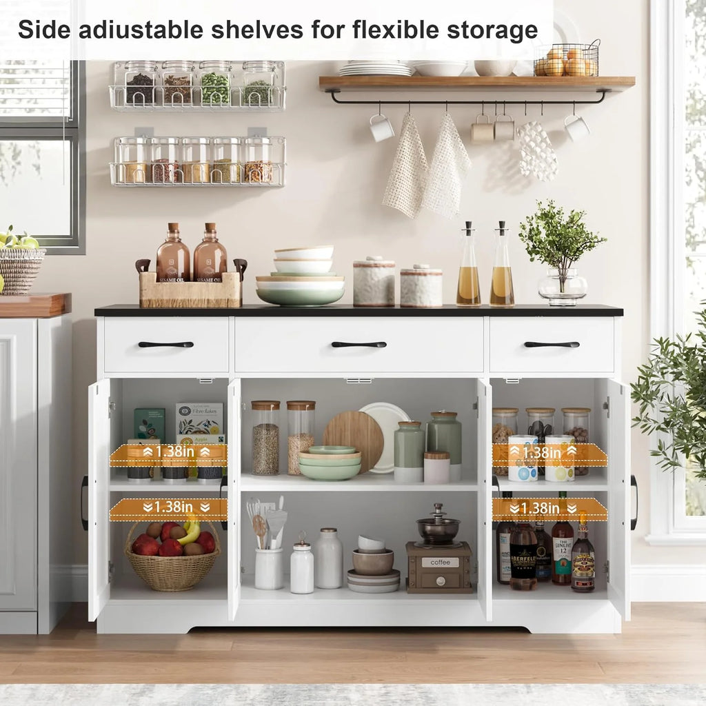 HOSTACK Buffet Cabinet with Drawers, 55 Large Sideboard Buffet Storage Cabinet with Shelves and Doors, Modern Farmhouse Coffee Bar Station Wood Kitchen Table for Kitchen, Dining Room, White/Rustic