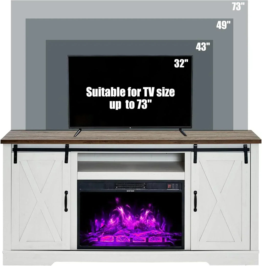 AMERLIFE Fireplace TV Stand with Sliding Barn Door  Farmhouse 63 Fireplace Entertainment Center