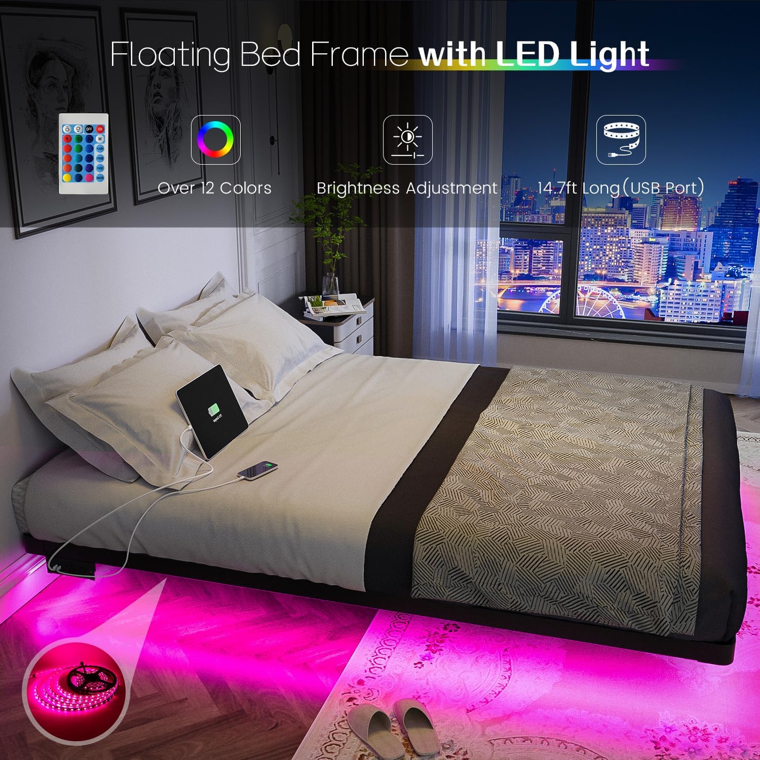 OLEVS Floating Bed Frame Queen Size with Smart LED Lights Modern Metal Platform Bed