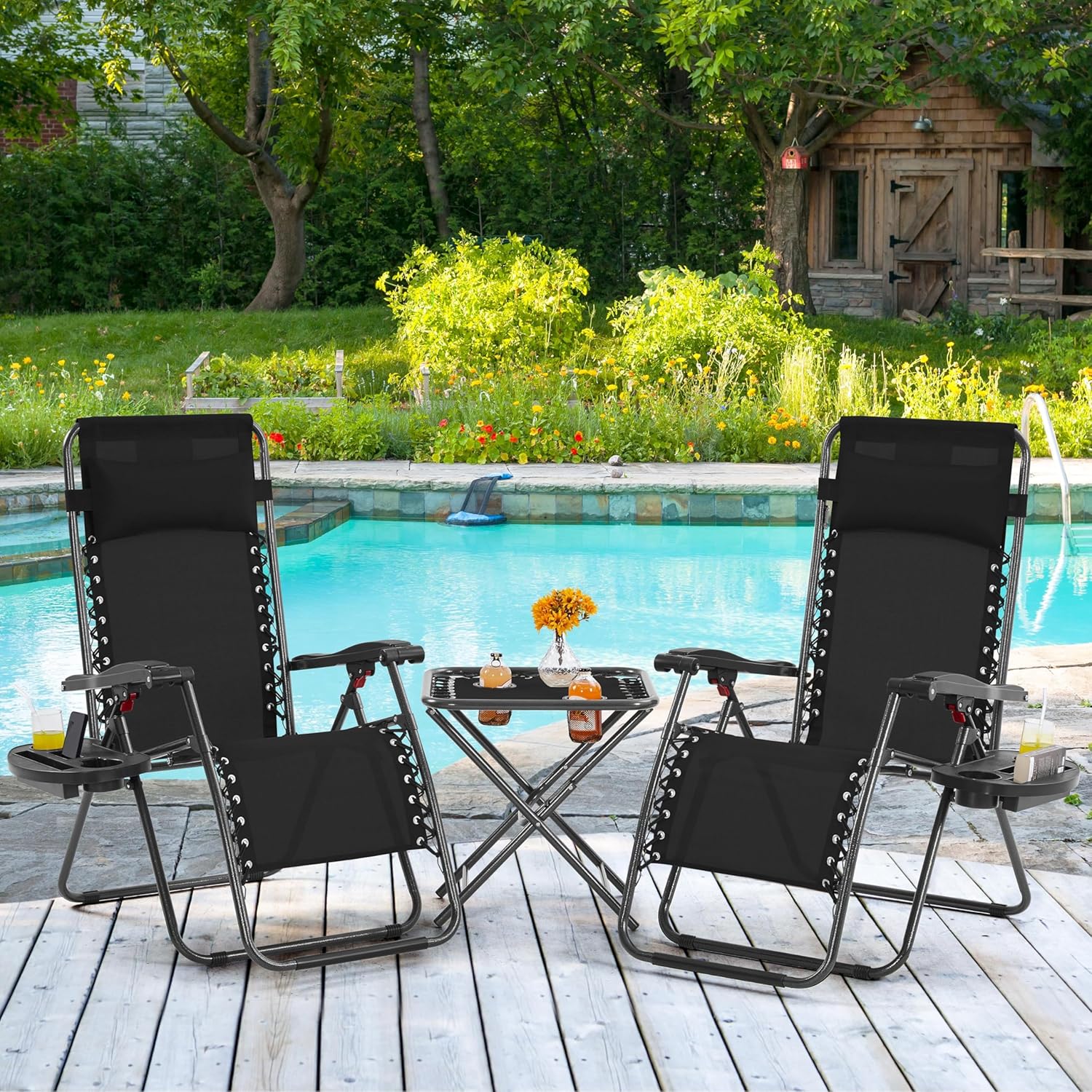 3PCS Zero Gravity Recliner Portable Outdoor Reclining Chair Set Side Table Lounge Chairs