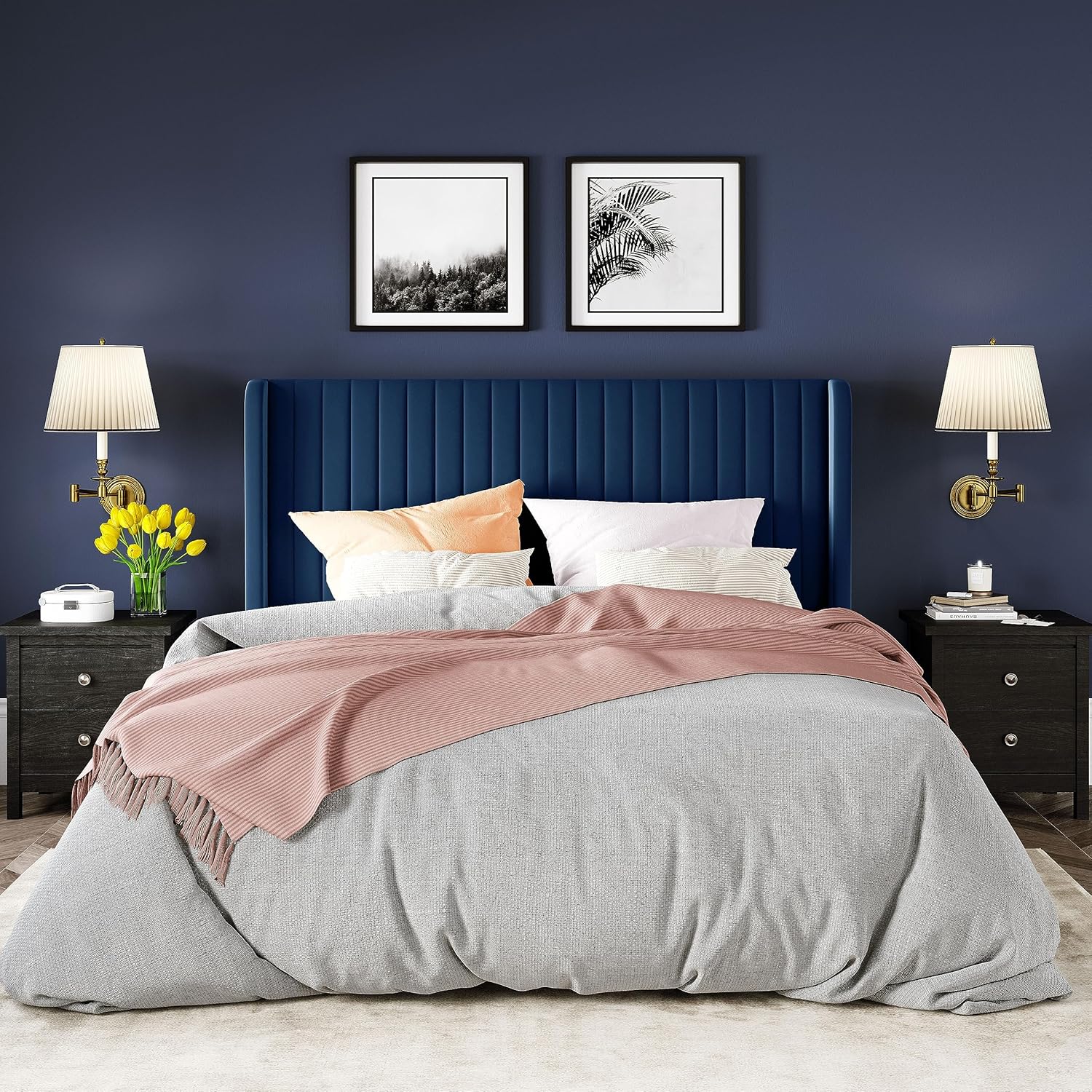 Allewie Full Size Velvet Bed Frame Vertical Channel Tufted Wingback Headboard Upholstered Bed