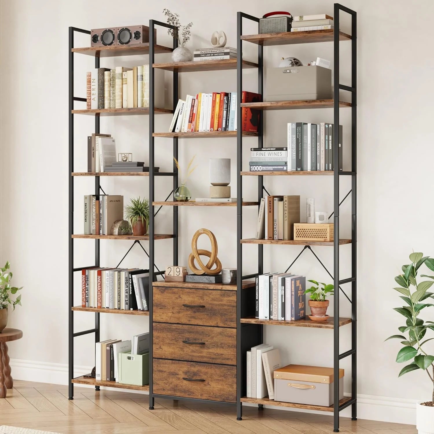 AFLUI Triple Bookshelf 3 Fabric Drawers 4-Tier Book Shelf 10 Display Shelves Industrial Bookcase