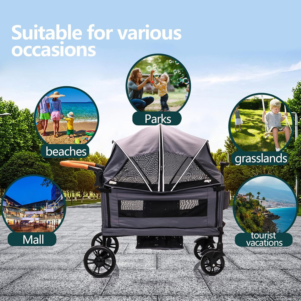 Wagon Stroller for 2 Kids Cargo-Travel Stroller Push-Pull Double Wagon Lightweight Folding Stroller