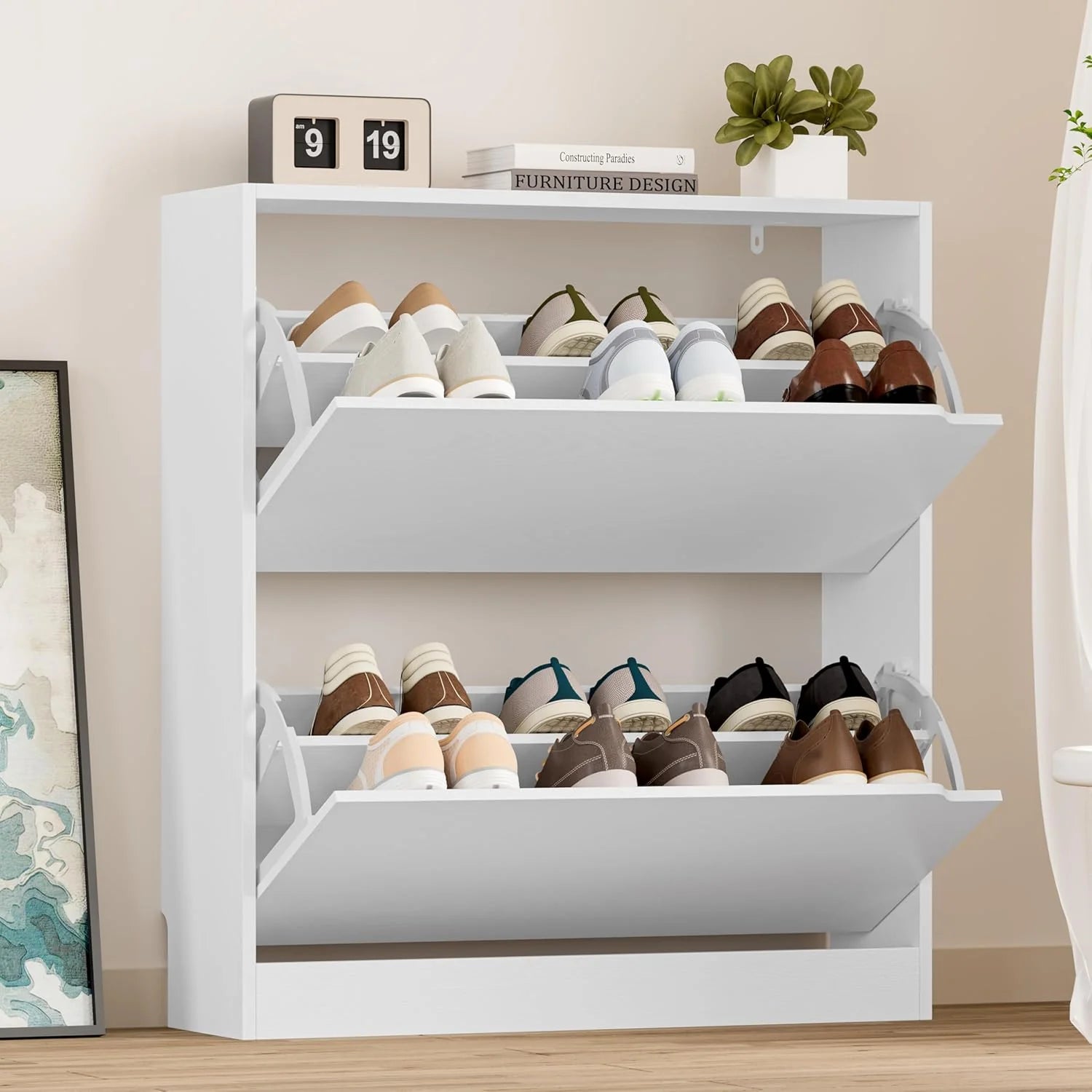 Shoe Cabinet with 3 Flip Drawers Hidden Wood Shoe Cabinet Freestanding Shoe Storage Cabinet