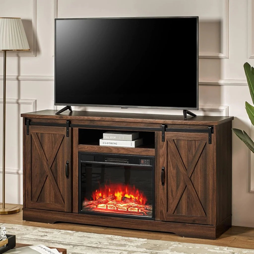 AMERLIFE Fireplace TV Stand with Sliding Barn Door for TVs up to 73, Farmhouse 63 Fireplace Entertainment Center with Storage Cabinets/Adjustable Shelves