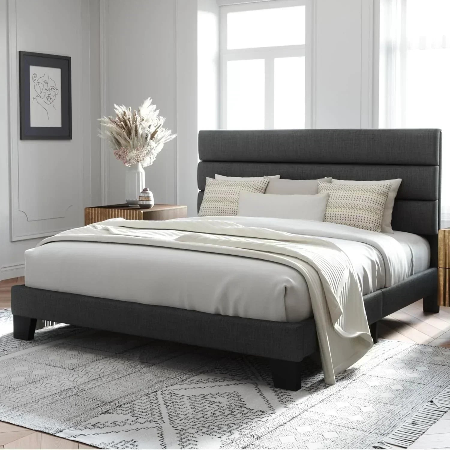 Allewie King size platform bed frame with velvet upholstered headboard and planks