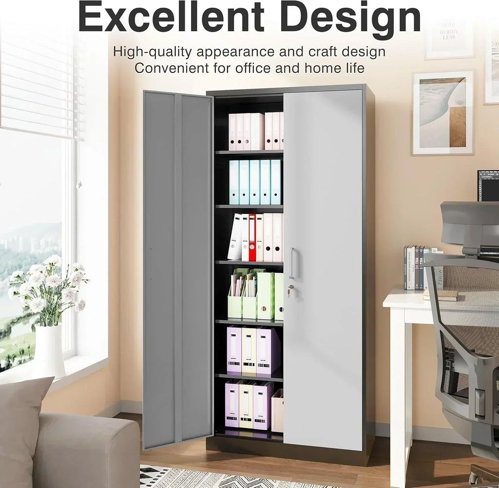 Metal Storage Cabinet with 2 Doors and 6 Shelves Black Metal Cabinet Garage Storage Cabinet