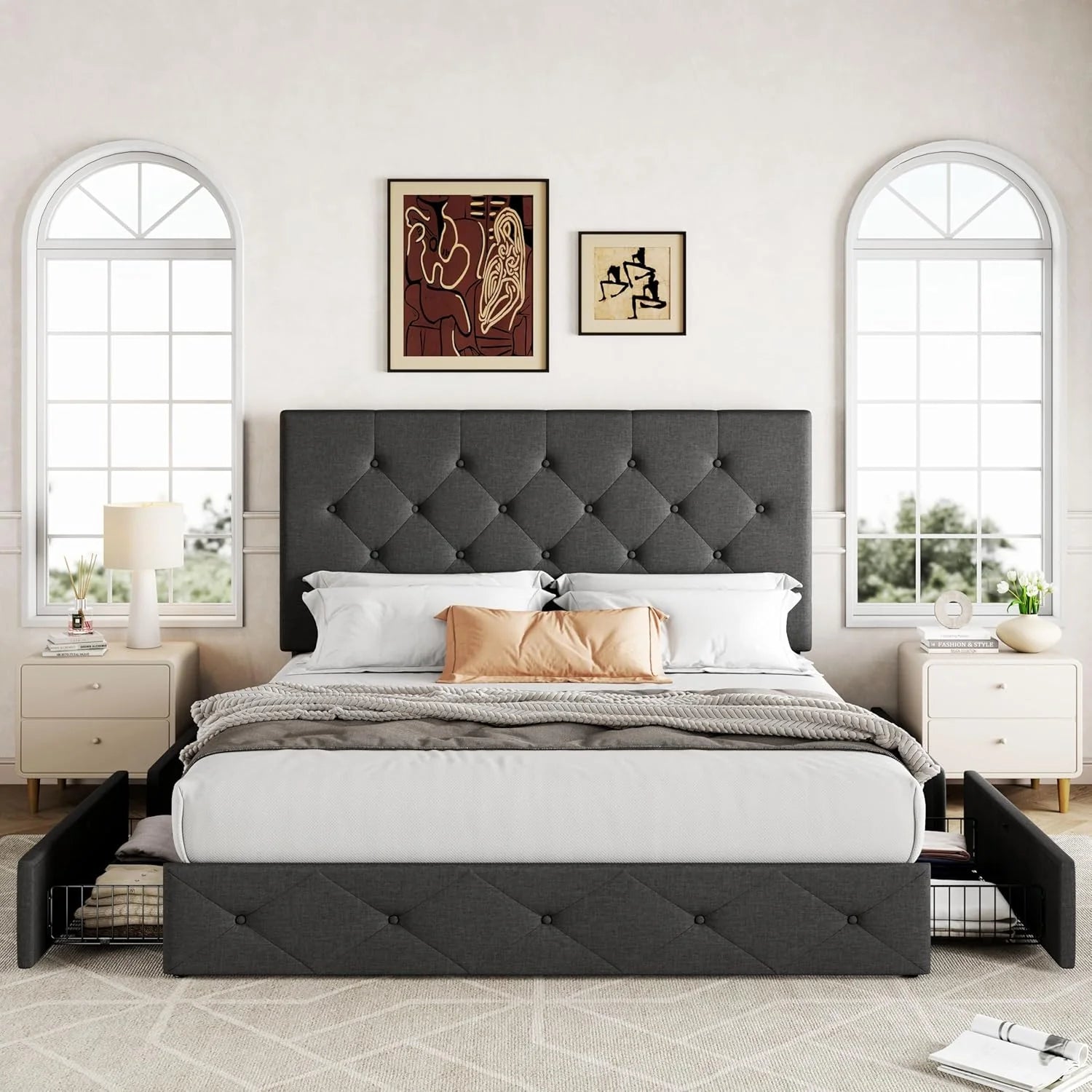Allewie Upholstered Queen Size Platform Bed Frame with 4 Storage Drawers and Headboard