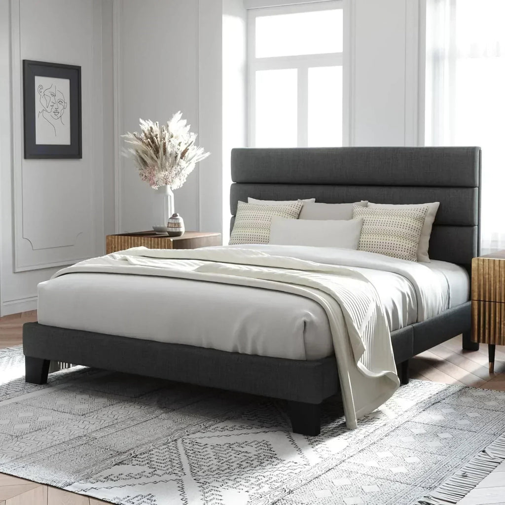 Allewie King size platform bed frame with velvet upholstered headboard and planks