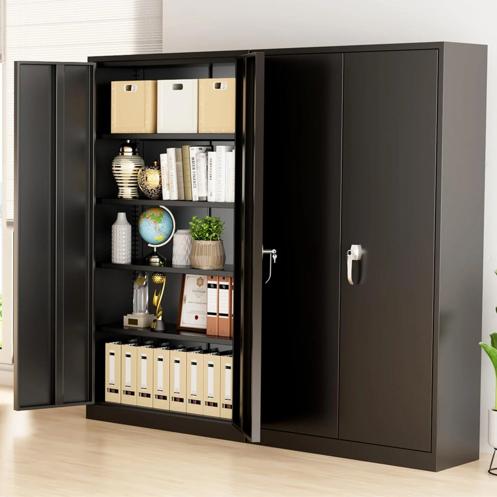 Greenvelly Metal Storage Cabinet, 72 Black Locking Metal Cabinet with 2 Doors and 4 Adjustable Shelves, Lockable Garage Storage Cabinets for Home Office, Garage, Kitchen, Living Room