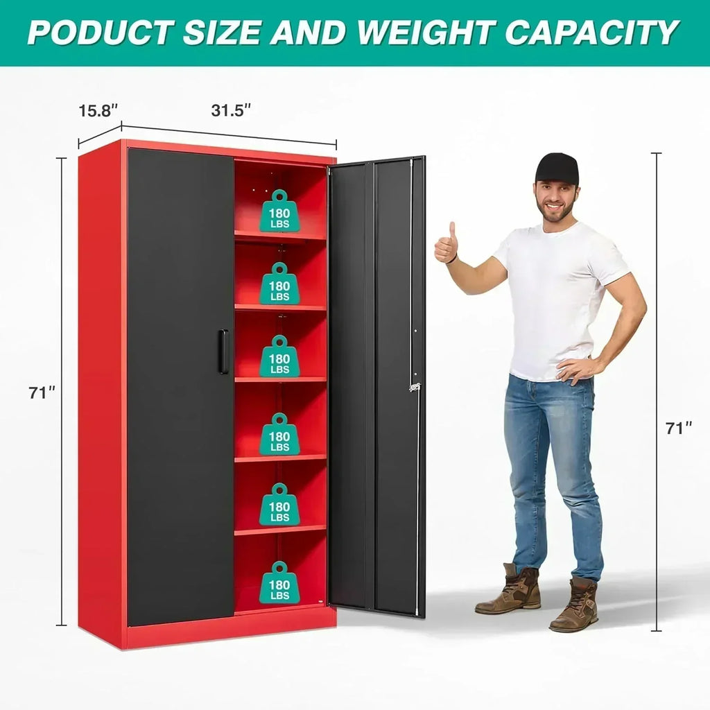 Metal Storage Cabinet with 2 Doors and 6 Shelves Black Metal Cabinet Garage Storage Cabinet