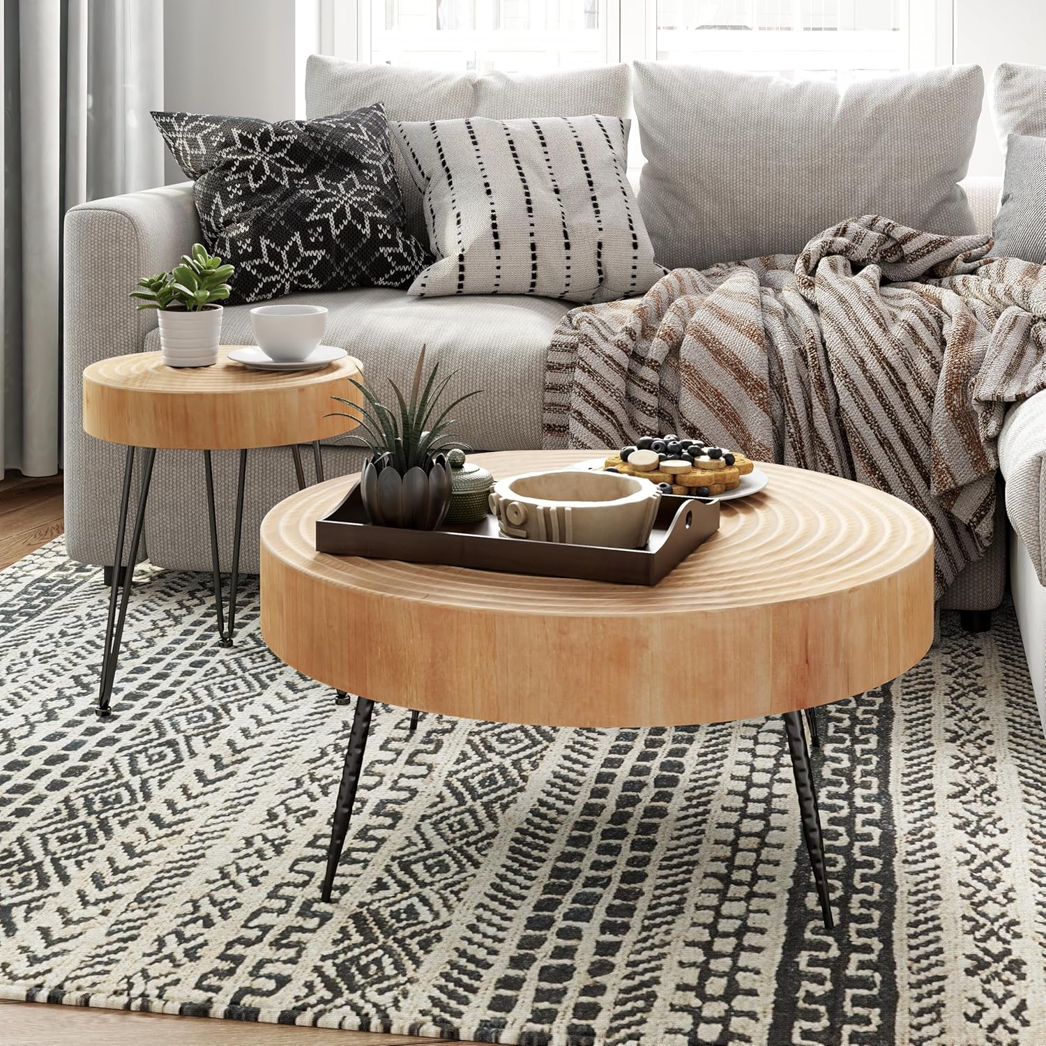 Two-Piece Modern Farmhouse Living Room Coffee Table Set Round Nesting Tables